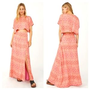 FREE PEOPLE​ Boxy Crop Top Maxi Skirt Coordinated Set Boho Pink Paisley Print
